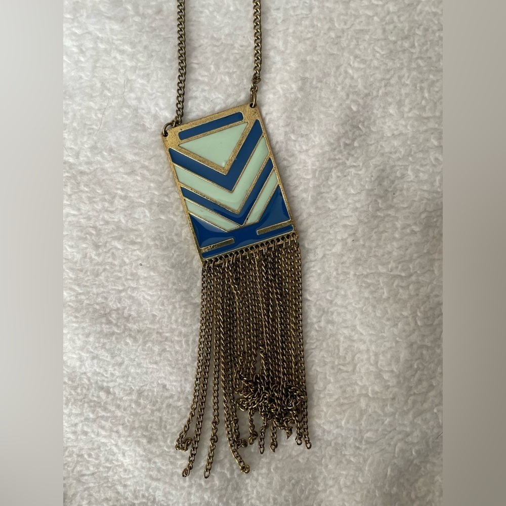 Blue and gold long fringe necklace NWT